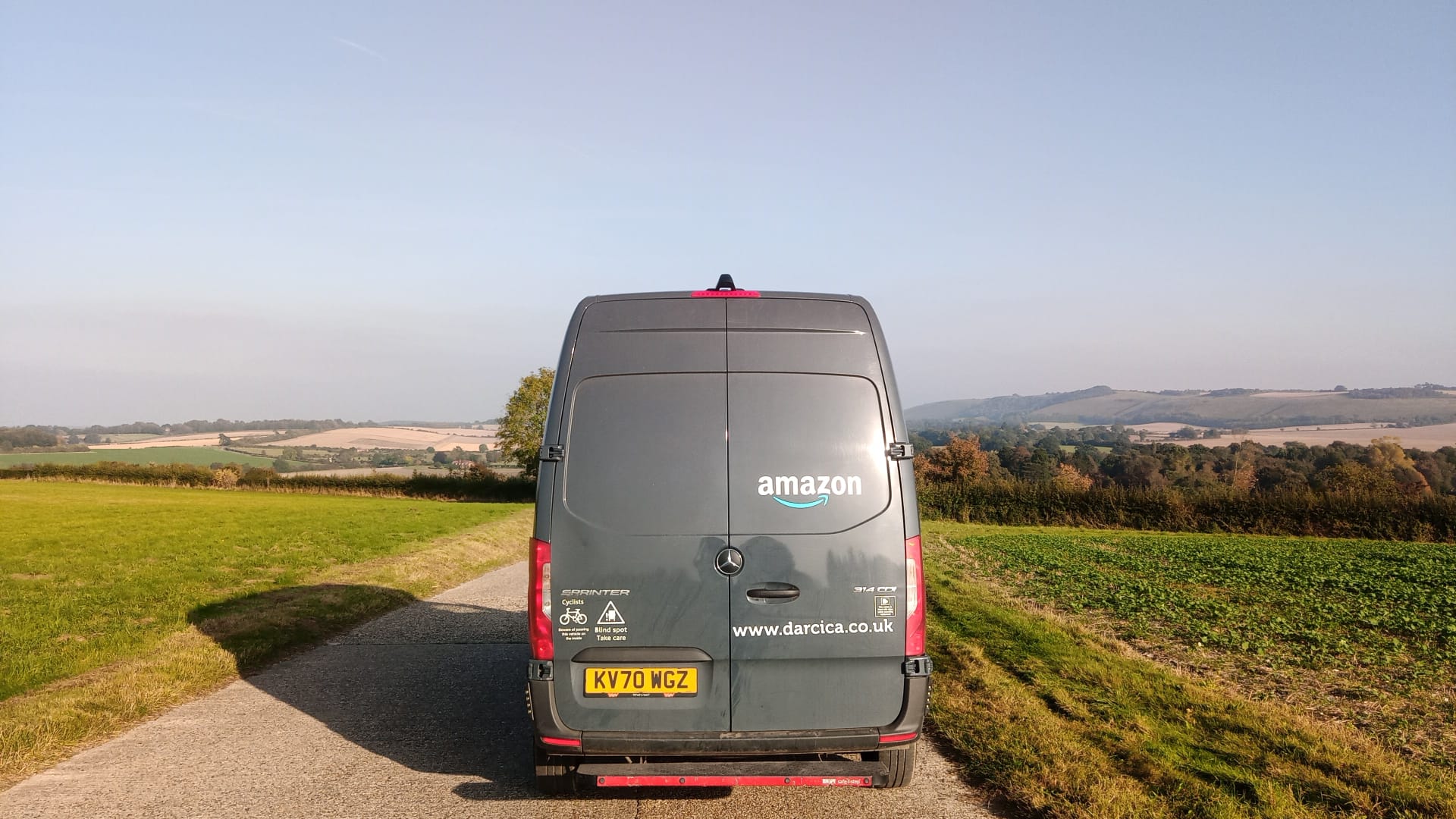 Rear of Darcica Amazon van overlooking countryside